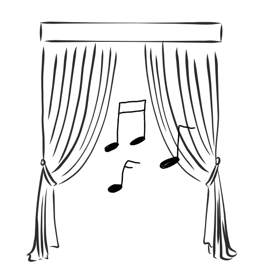 Illustration of an open stage curtain with musical notes coming out of