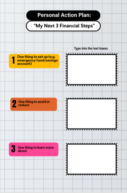 Worksheet with numbered sections and blank boxes for planning three personal financial steps.
